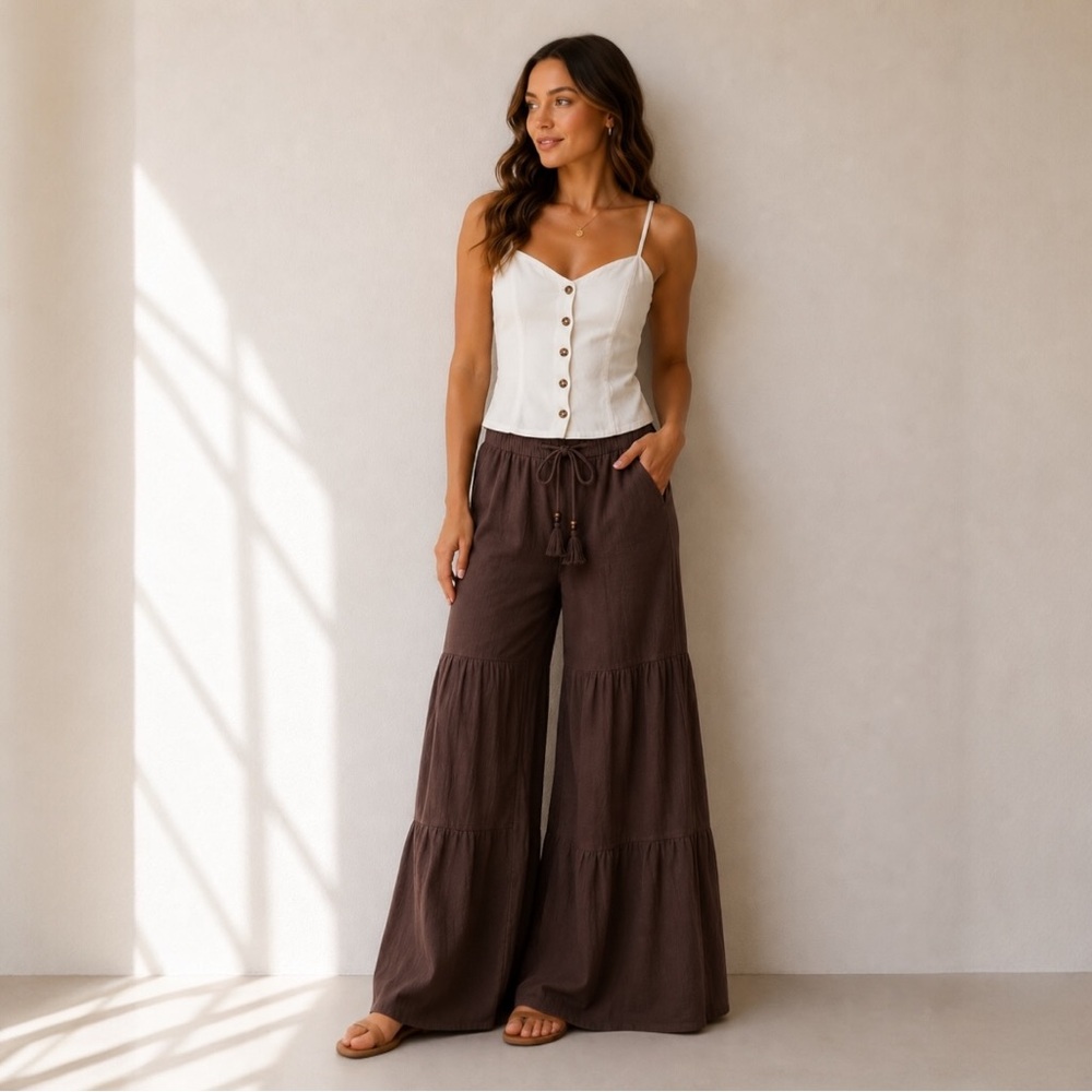 Miou Muse Boho Wide Leg Cotton Gauze Palazzo Pants Size Small Brown
